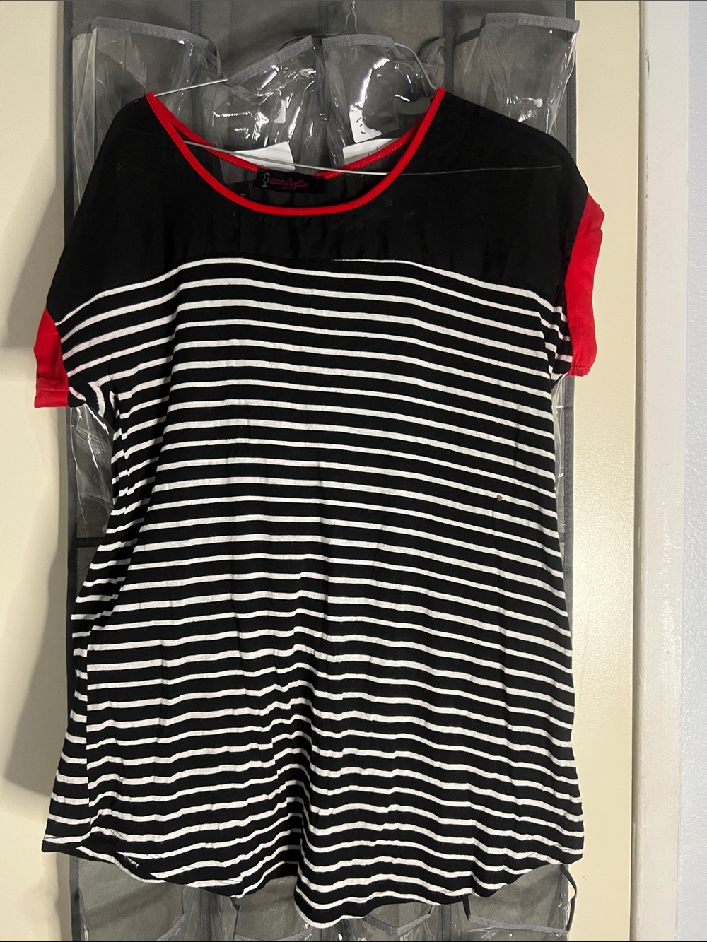 Black & White Striped Women's Top with Red Trim